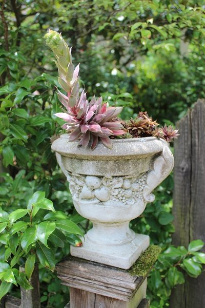 Decorative pot on fence post