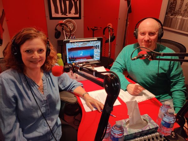 Joanne and Matthew podcasting in studio