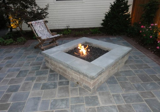 Square fire pit with insert (Brussels Block with Ledgestone coping) Installed price approximately $3000. firepit5_march